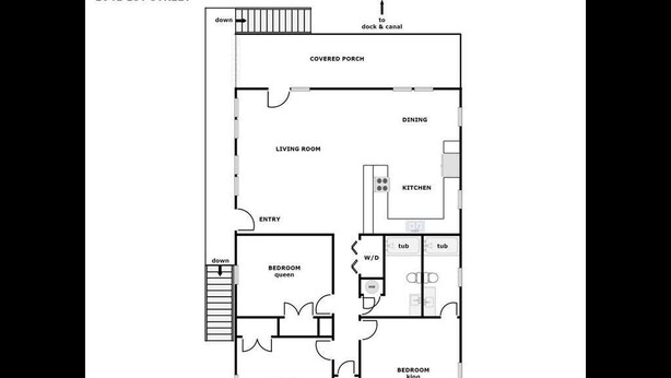 A floor plan of a property at 1041 1st Street with a covered porch, dining area, kitchen, living room, two bedrooms (queen and king), and an entry with a staircase.
