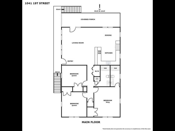 A floor plan of a property at 1041 1st Street with a covered porch, dining area, kitchen, living room, two bedrooms (queen and king), and an entry with a staircase. - Mama's Pride - 3BR Home on the Canal - Boat Dock & Sound Views! (Surf City)