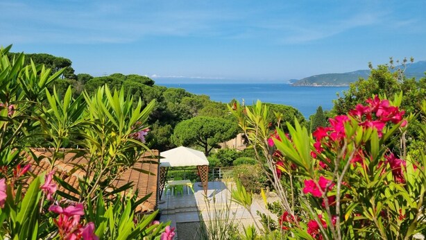 Ein Garten mit Terrasse, einem weißen Sonnenschirm und Blick auf das Meer.