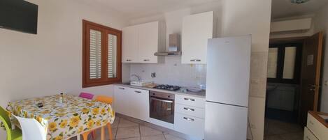 Fridge, oven, dishwasher, dining tables