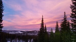 A mountainous landscape with evergreen trees and a clear sky.