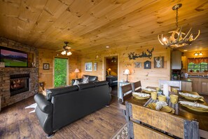 Smart TV, fireplace, video games, DVD player