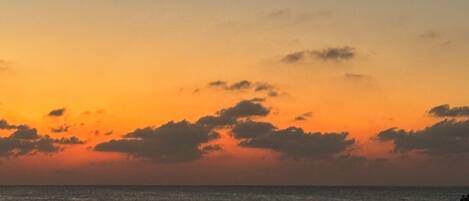 Escena de playa con sombrillas de paja y sillas reclinables, un mar tranquilo y un cielo al atardecer.