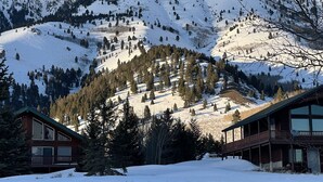 A cabin with a balcony and large windows, surrounded by snow-covered mountains and trees.