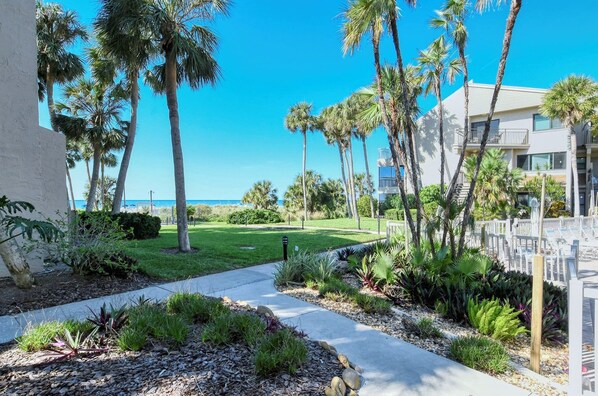 A resort with a pool area, palm trees, and a view of the ocean. - Firethorn 210- Beautiful gulf side, ground-level 2BR/2BA unit! (Sarasota)