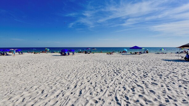 A sandy beach with umbrellas and people.