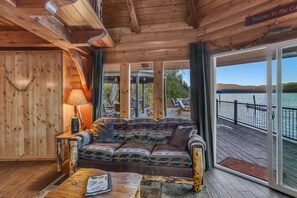 TV, fireplace, offices - Lakeside Loft | Beautiful Waterfront Log Cabin (Harrison)