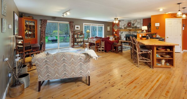 Smart TV, fireplace, books