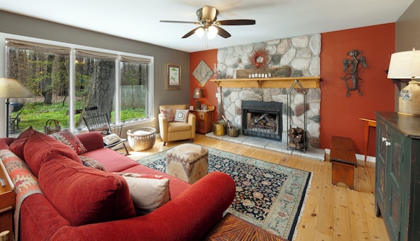 Smart TV, fireplace, books