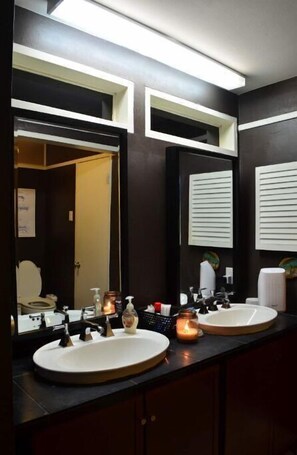 Combined shower/bathtub, hair dryer, bidet, towels - Cozy Mid Century Home (North Little Rock)