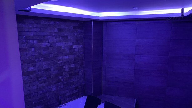 A modern bathroom with a brick wall, a bathtub, and a shower area. - Luxury Gold (Linares)
