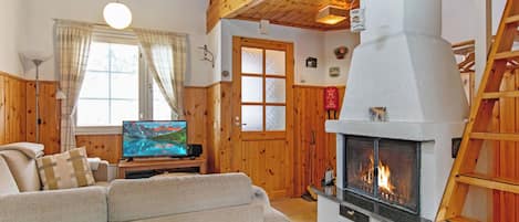 A cozy living room with a fireplace, wooden walls, a sofa, and a television.