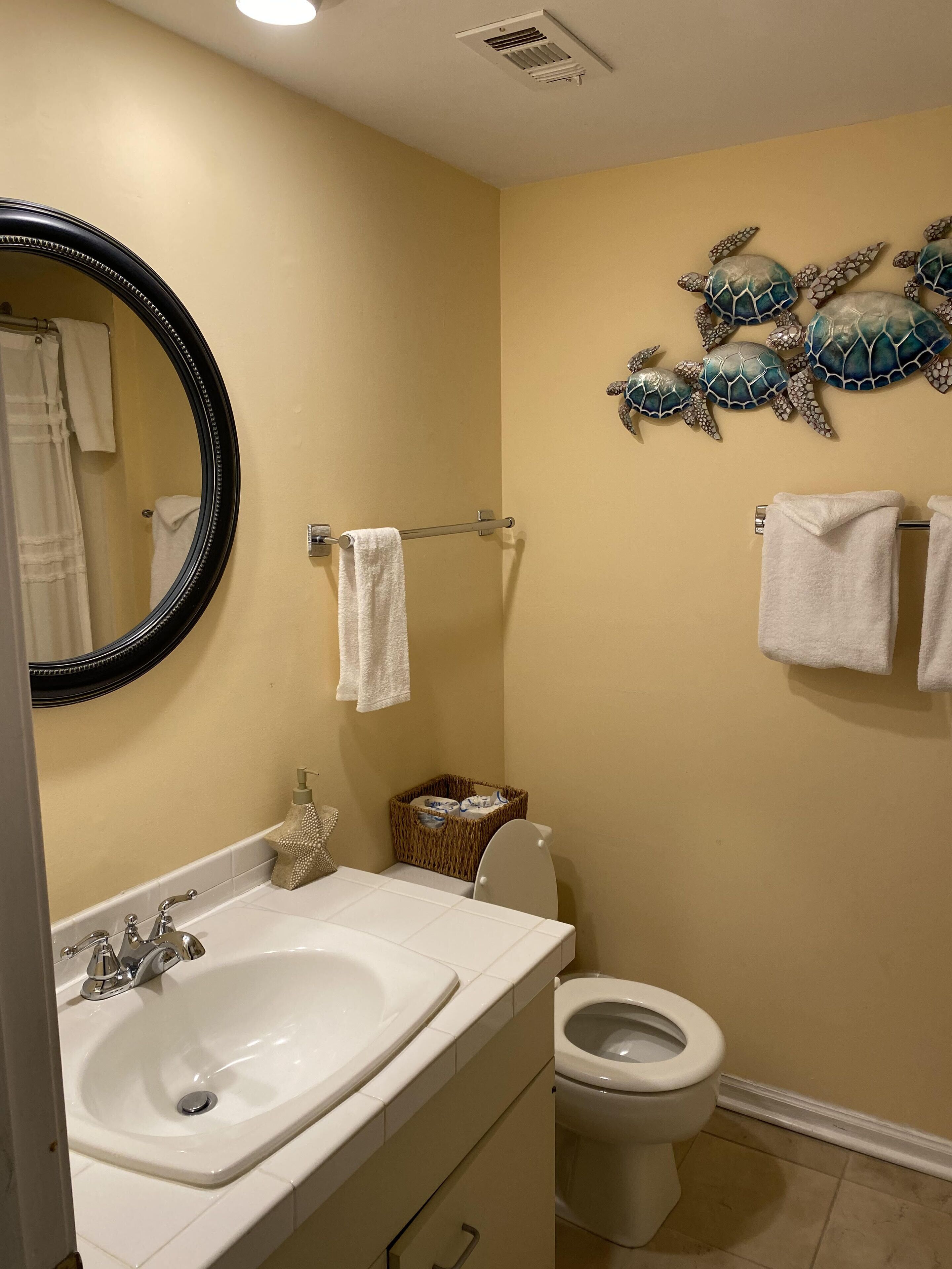 A bathroom with a sink, toilet, and a mirror. There are towels hanging on a rack and a decorative wall piece of turtles.