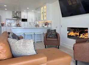 Smart TV, fireplace, books