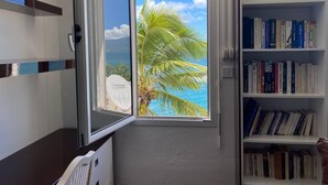 A room with a sliding door leading to a balcony with a view of the ocean and a palm tree. There is a bookshelf with books and a white cabinet.