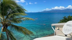 A clear view of turquoise water, a palm tree, and a satellite dish on a boat deck.