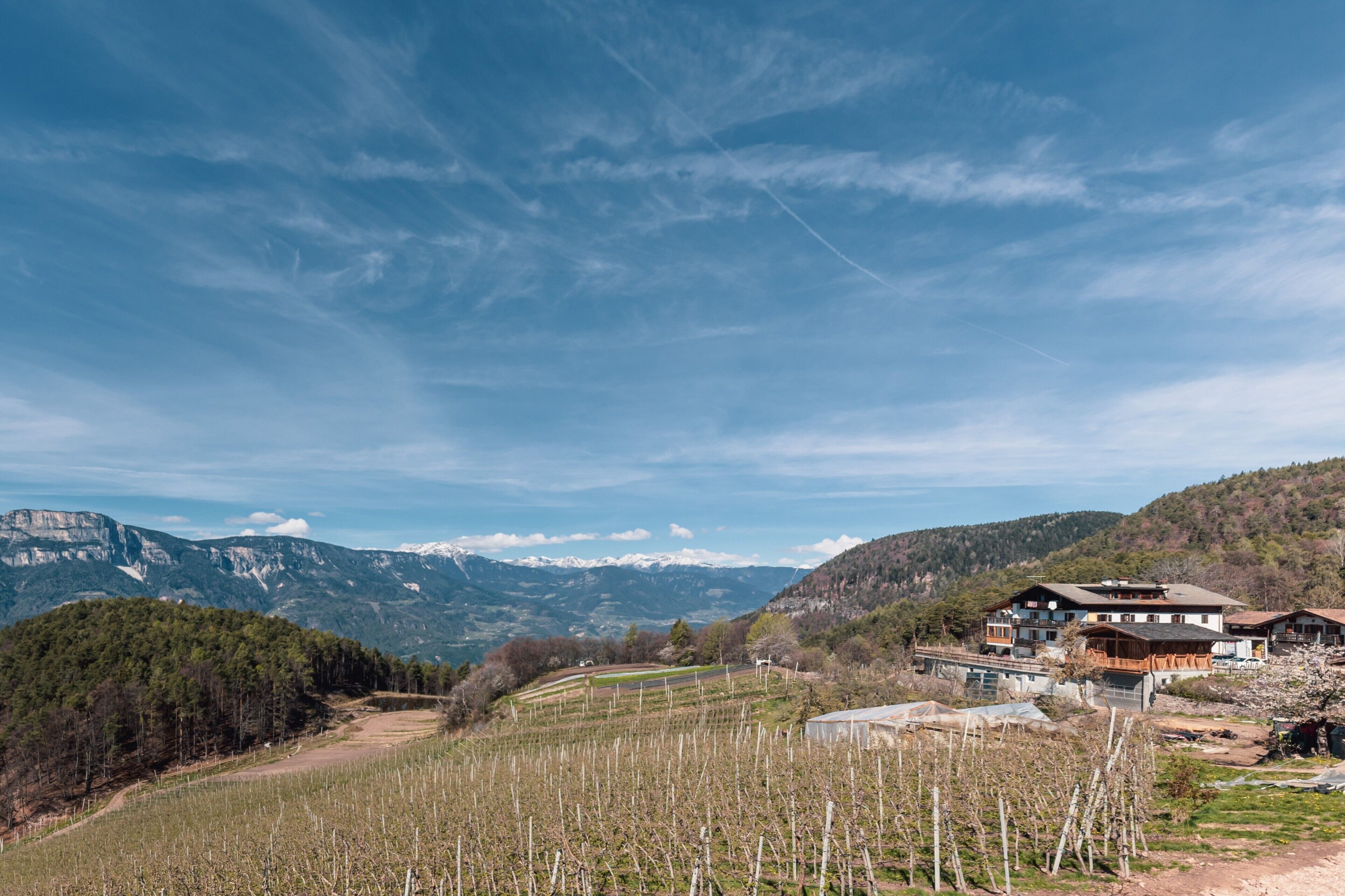 A mountainous landscape with a vineyard, a house with a balcony, and a clear sky.