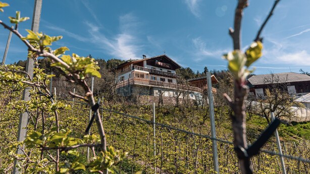 Ein mehrstöckiges Haus mit Balkon, umgeben von einem Zaun und Bäumen.