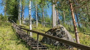 A wooden staircase leading up a forested hill, surrounded by tall trees and a large rock. - Rantalinna 2 by Interhome (Ruokolahti)