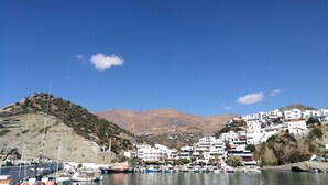 A coastal town with boats docked, white buildings, and a hill in the background.