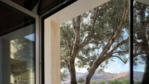 A view through a glass door of a stone wall, a tree, and a mountainous landscape.