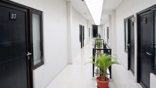 A corridor with doors numbered 37 and 22, white walls, and a potted plant in the center.