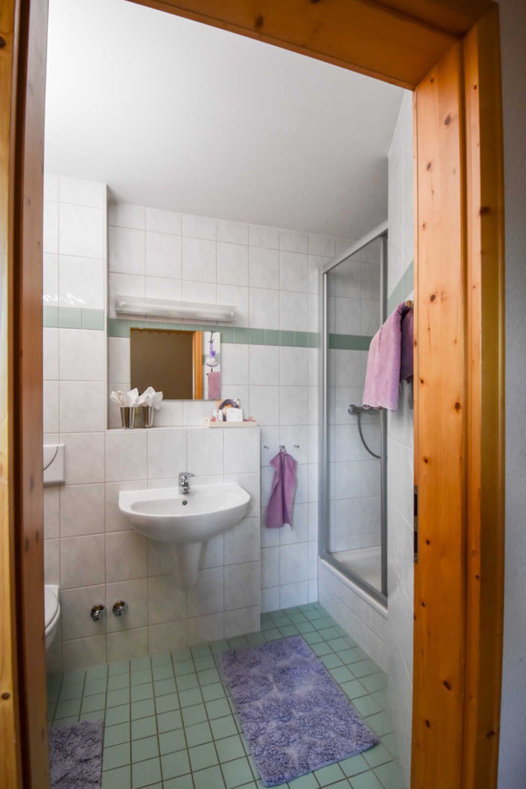 Une salle de bain avec un lavabo, un miroir et une douche.