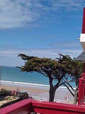 Blick auf die Küste mit einem Baum im Vordergrund, einem Strand und einer roten Struktur im Hintergrund.
