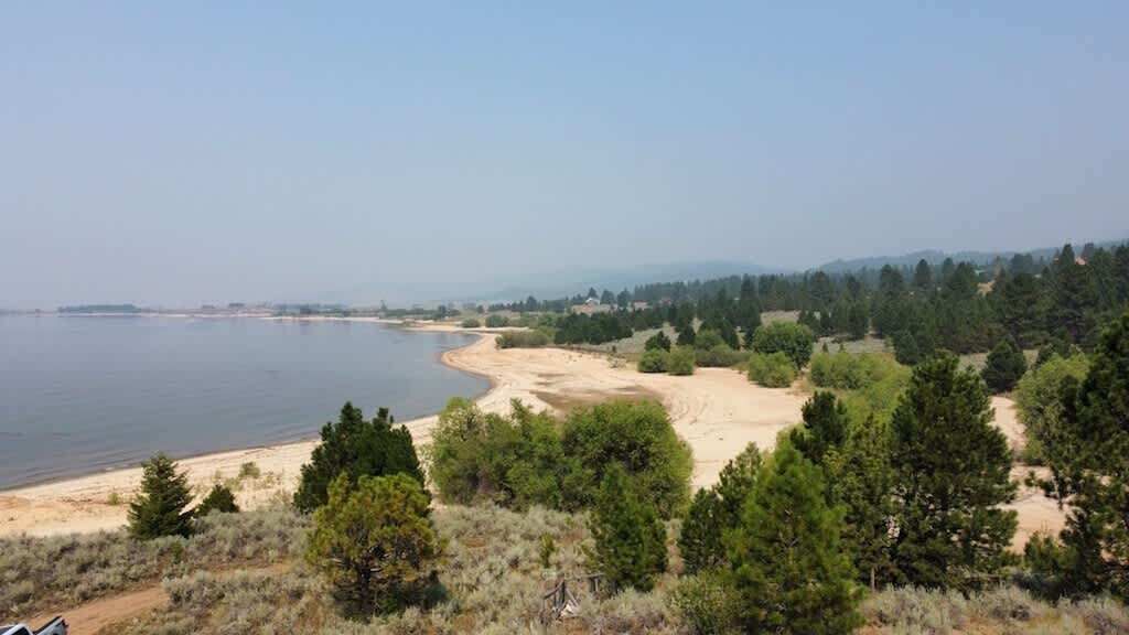 A coastal landscape with a sandy beach, dense green trees, and a clear sky.
