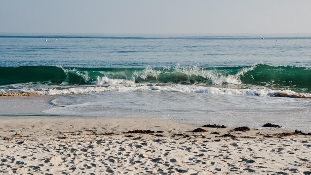 A beach with waves crashing onto the shore, sandy beach, and seaweed on the sand. - Les Saules Blancs - Plouharnel (PLOUHARNEL)