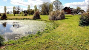 A rural landscape with a pond, grassy areas, and a red building.
