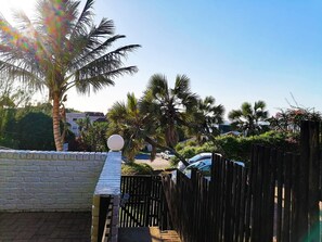 A gated driveway with a palm tree and a white spherical object on a post. - Boathouse Bed and Biscuit - Cabin (Margate)
