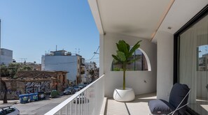Un balcón con una planta en maceta, una silla y vista a la calle.