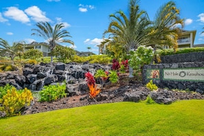 Experience the tranquil atmosphere of Na Hale Keauhou, surrounded by lush tropical plants and a serene waterfall.