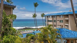 A resort with a pool, palm trees, and a view of the ocean.