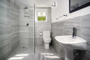Shower, hair dryer, towels, soap