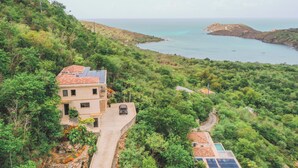 A hillside house with a red-tiled roof, surrounded by lush greenery and a view of the sea. - Villa HERMOSA a BEAUTIFUL St. John Villa - Pool - Ocean and Mountain Views (St John)