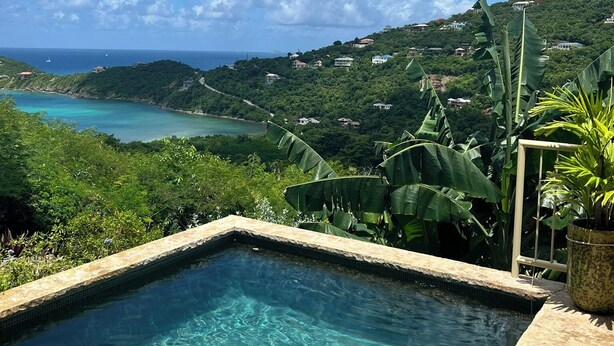A clear pool with a view of the ocean and lush greenery. - Villa HERMOSA a BEAUTIFUL St. John Villa - Pool - Ocean and Mountain Views (St John)