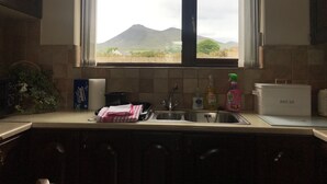 A kitchen with a window view of a mountain, a sink, and various kitchen items. - Foot of the Mournes - Cottage - Sleeps 4 - Parking (Newry)