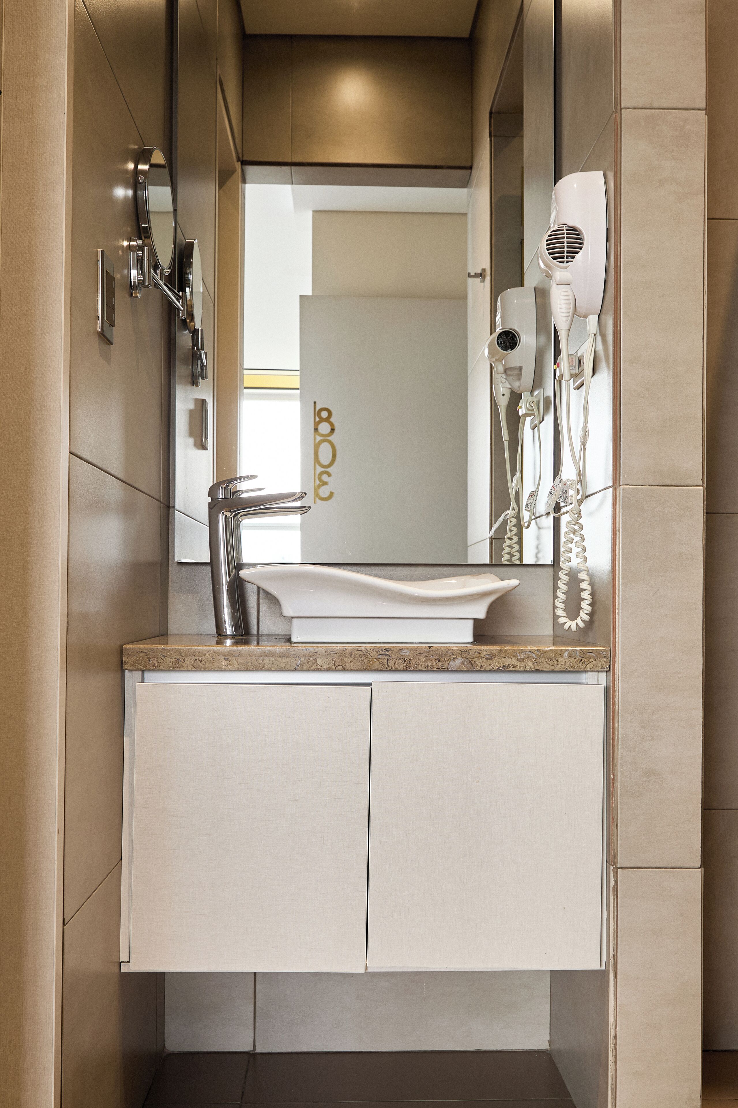 traditional studio | bathroom | shower, rainfall showerhead, towels, soap