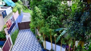 Un sendero de baldosas a cuadros que lleva a una entrada con portón, rodeado de abundante follaje y un muro con un letrero.