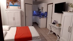 Un dormitorio con cama, escritorio, televisor y una zona de cocina con armarios y lavabo.