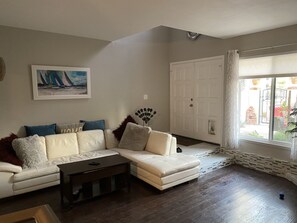 Smart TV, lareira, livros, aparelho de som