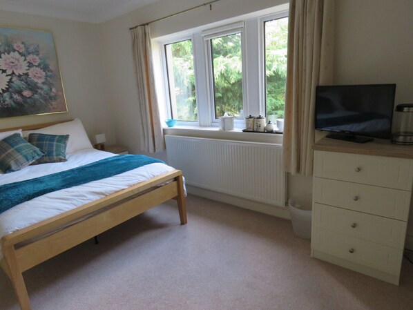 Een slaapkamer met een bed, een televisie, een dressoir en een raam met gordijnen.