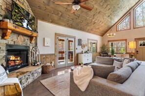 Smart TV, fireplace, books