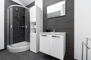 Shower, hair dryer, towels, soap