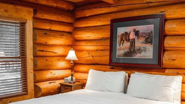 Ein Schlafzimmer in einer Blockhütte mit einem Bett, einem Nachttisch, einer Lampe und einem gerahmten Bild an der Wand.