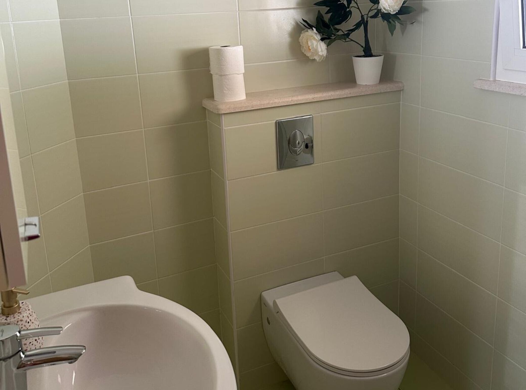 A bathroom with a bathtub, toilet, and a shelf with a toilet paper roll and a potted plant.