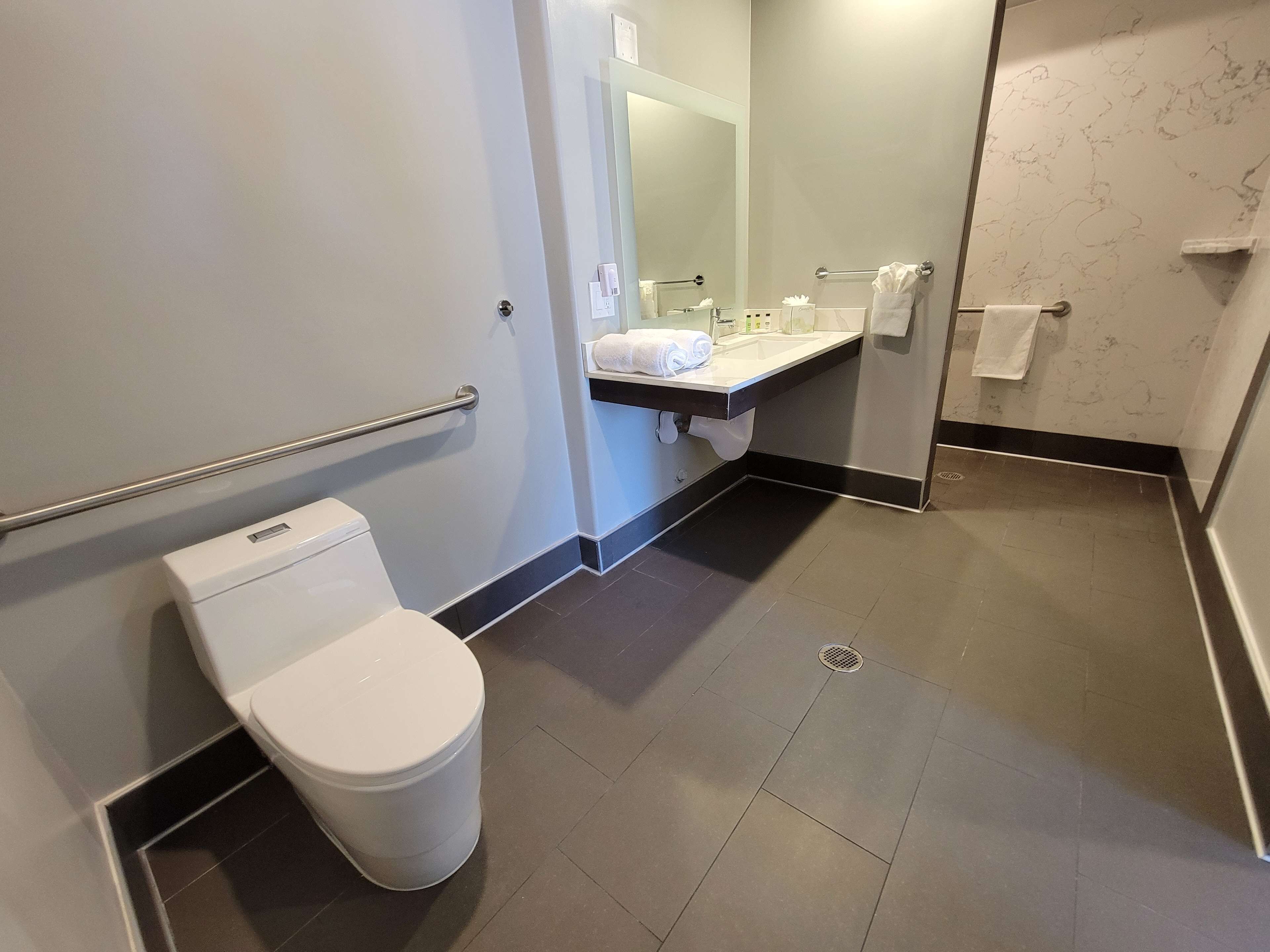 room, 1 king bed, accessible, non smoking | bathroom | combined shower/bathtub, rainfall showerhead, free toiletries