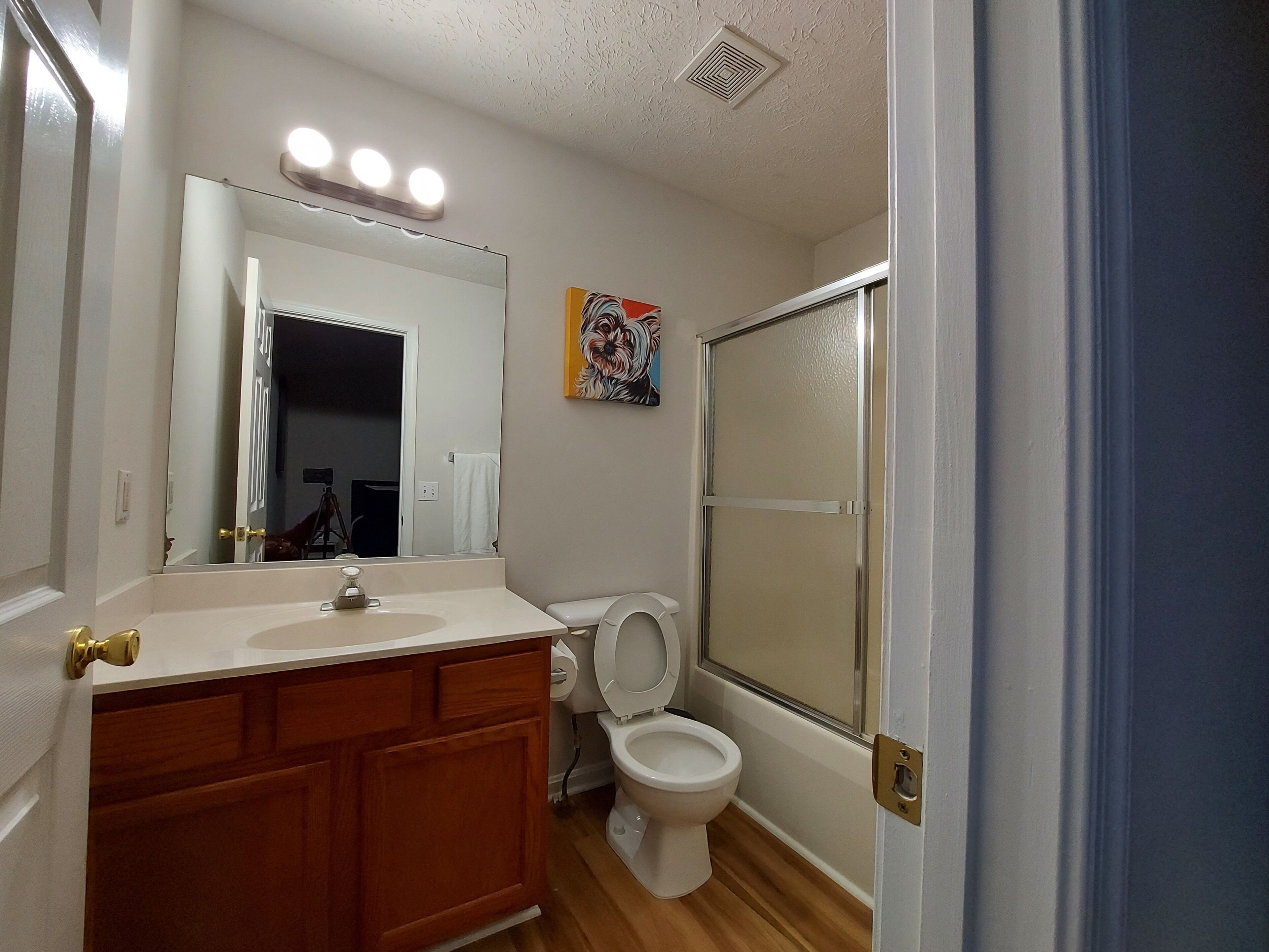 Combined shower/tub, hair dryer, towels, soap